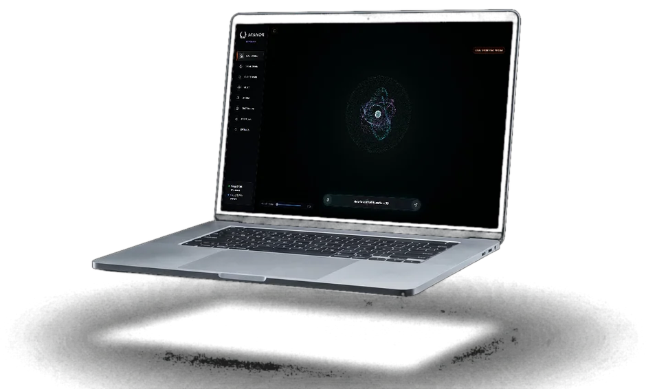 ATANOR dashboard on a laptop — 3D knowledge orb